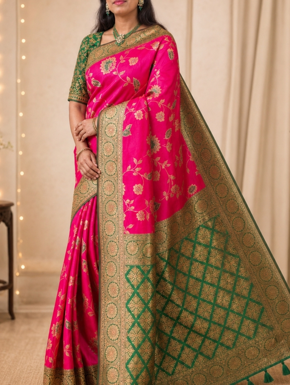 Hot Pink and Green Banarasi Silk Saree with Gold Zari